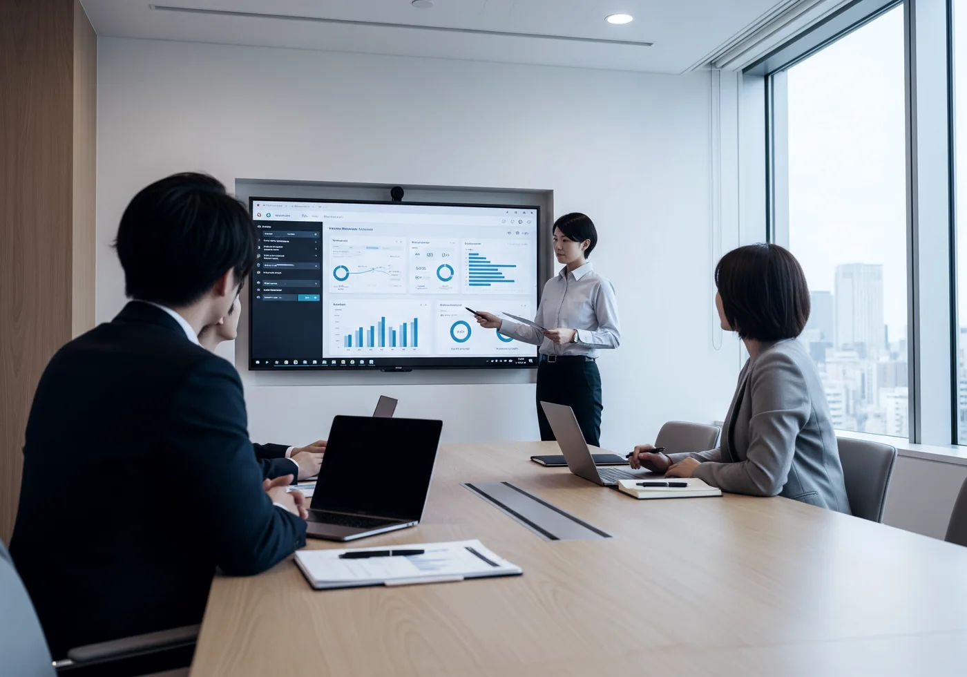 会議室で業務ダッシュボードを提示しながら説明するコンサルタント